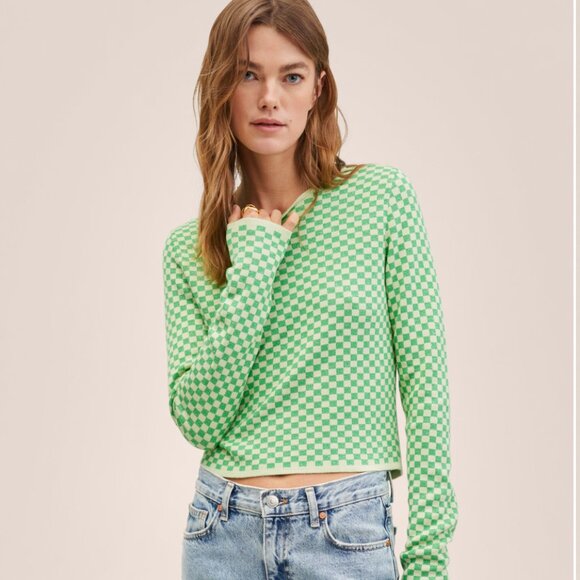 NWT MANGO Checks knitted sweater Green Shimmery Small y2k - Picture 1 of 9